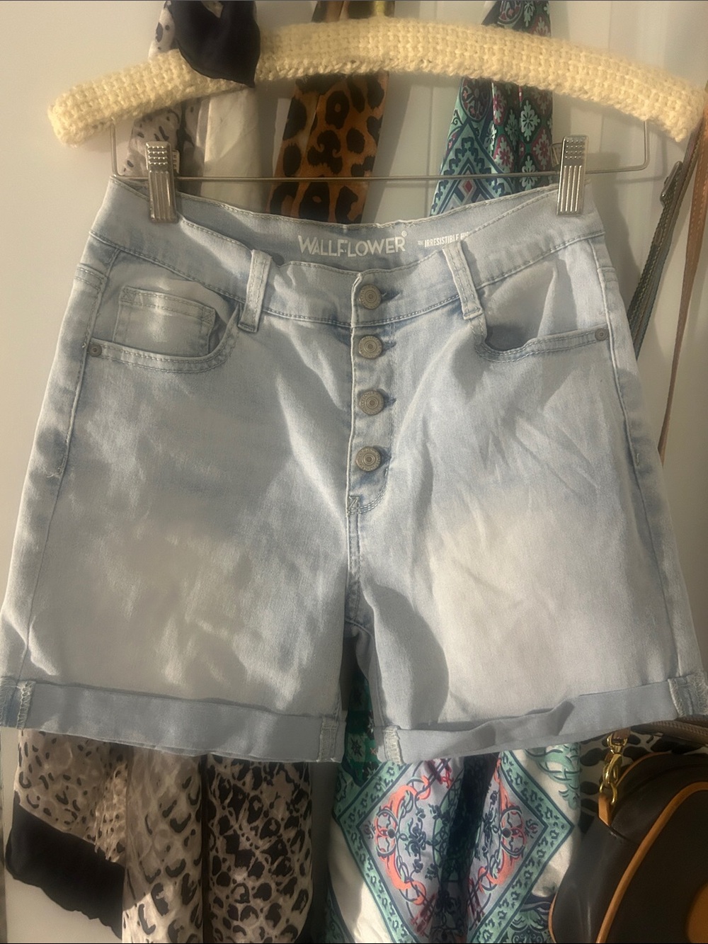 Wallflower Light Blue High-Rise Button-Front Denim Shorts